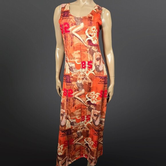 Vintage 90s Y2K Pinup Girl Print Blokette Varsity Numbers Maxi Dress size M/L - Picture 1 of 12